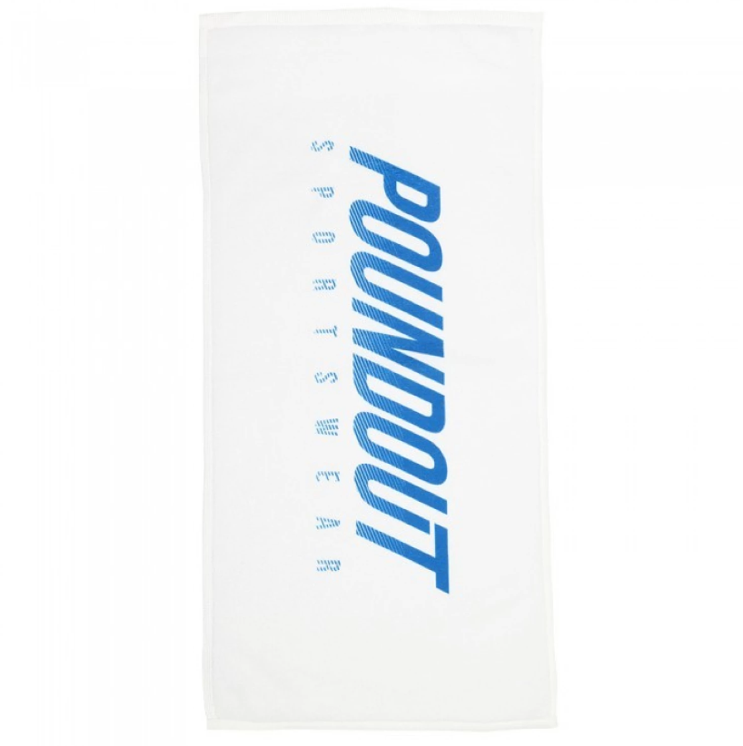 Biały ręcznik z niebieskim napisem Poundout